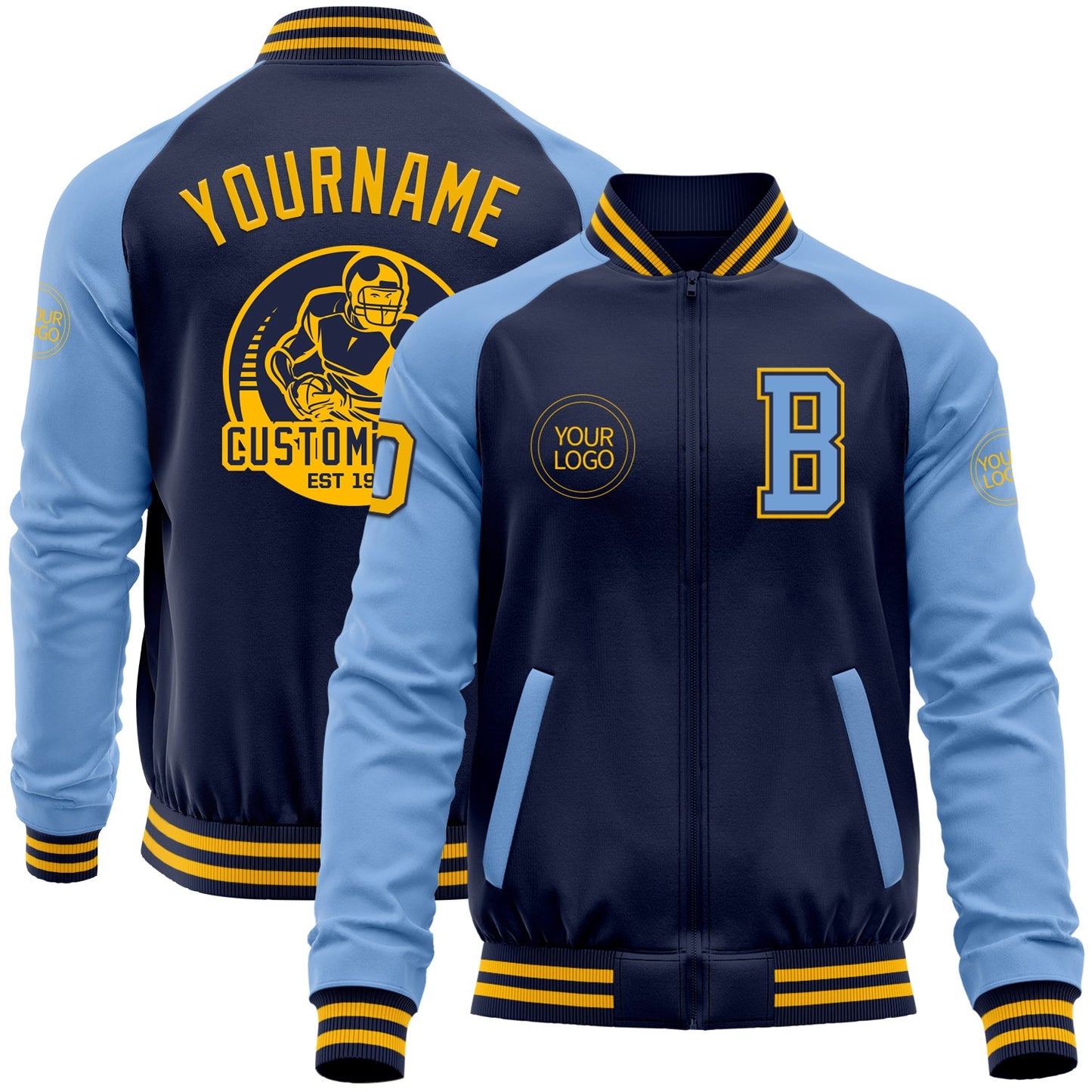 Custom Navy Gold-Light Blue Bomber Varsity Letterman Two Tone Zipper Jacket - Main View