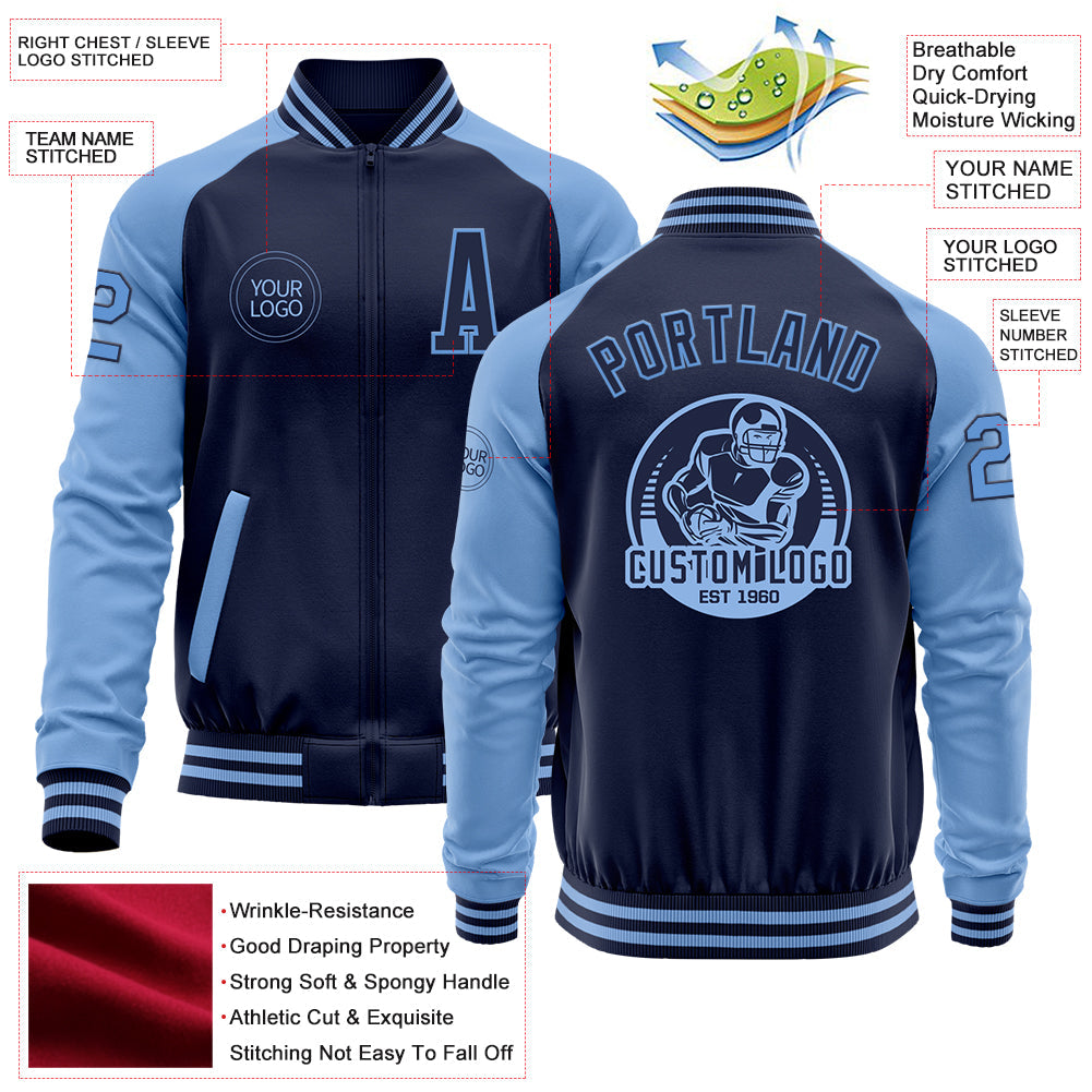 Custom Navy Light Blue Bomber Varsity Letterman Two Tone Zipper Jacket view 4
