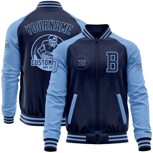 Custom Navy Light Blue Bomber Varsity Letterman Two Tone Zipper Jacket - Main View