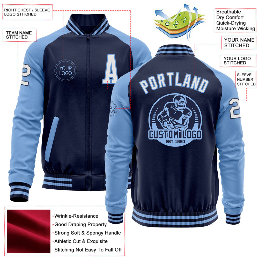 Custom Navy White-Light Blue Bomber Varsity Letterman Two Tone Zipper Jacket view 4