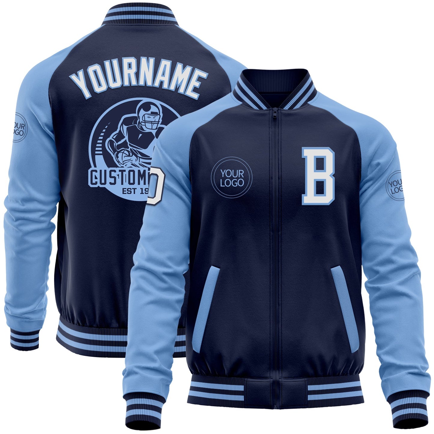 Custom Navy White-Light Blue Bomber Varsity Letterman Two Tone Zipper Jacket - Main View