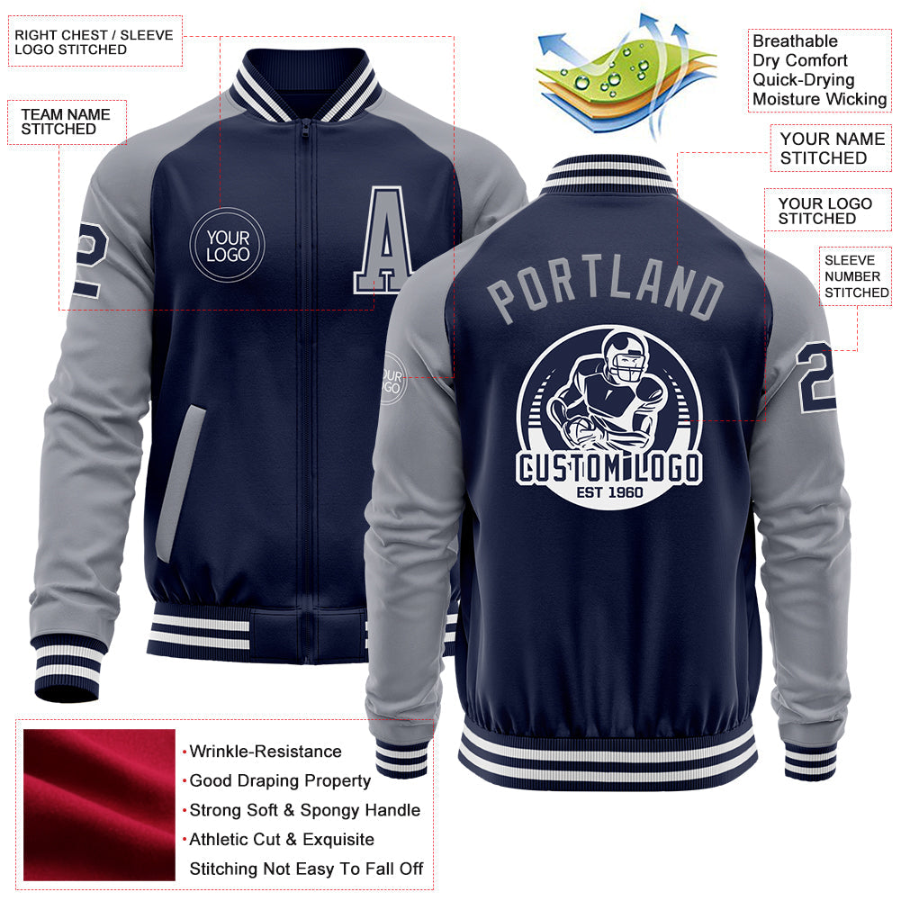 Custom Navy Gray-White Bomber Varsity Letterman Two Tone Zipper Jacket view 4