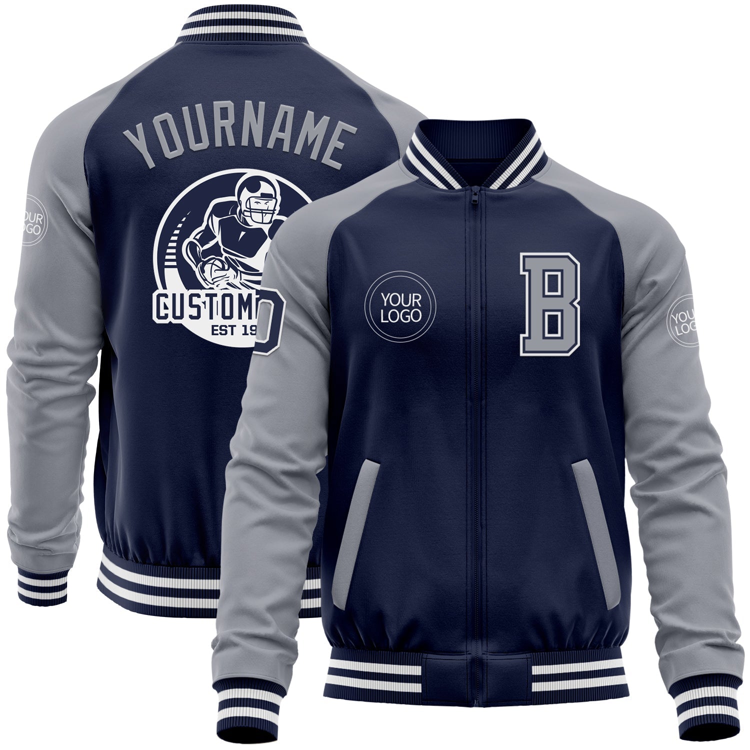 Custom Navy Gray-White Bomber Varsity Letterman Two Tone Zipper Jacket - Main View
