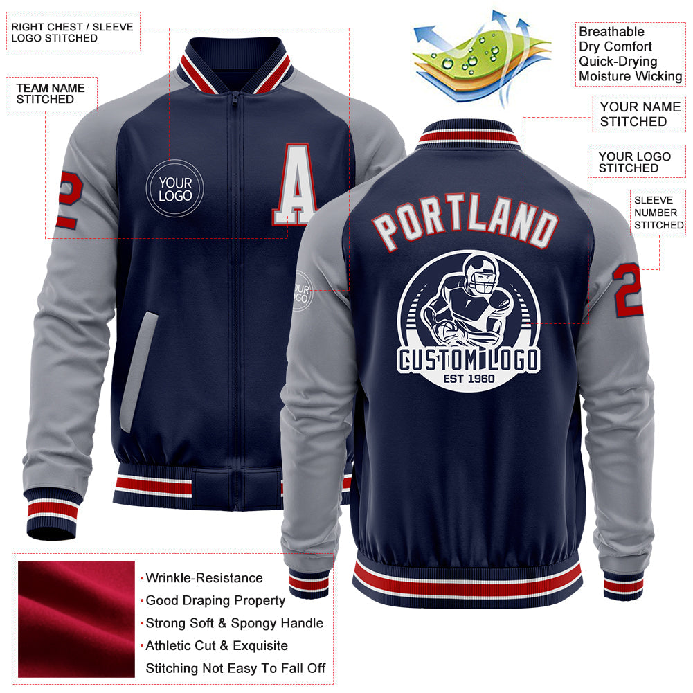 Custom Navy Gray-Red Bomber Varsity Letterman Two Tone Zipper Jacket view 4