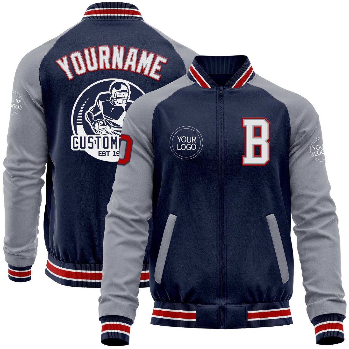 Custom Navy Gray-Red Bomber Varsity Letterman Two Tone Zipper Jacket - Main View