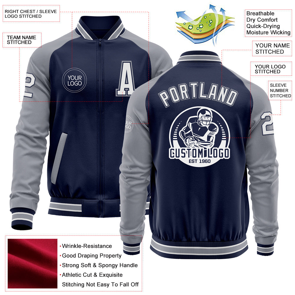 Custom Navy White-Gray Bomber Varsity Letterman Two Tone Zipper Jacket view 4