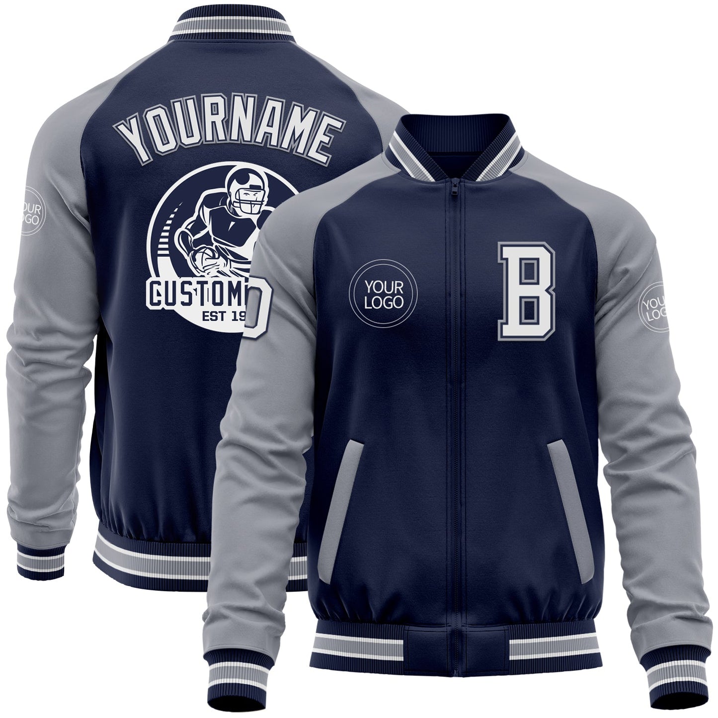 Custom Navy White-Gray Bomber Varsity Letterman Two Tone Zipper Jacket - Main View