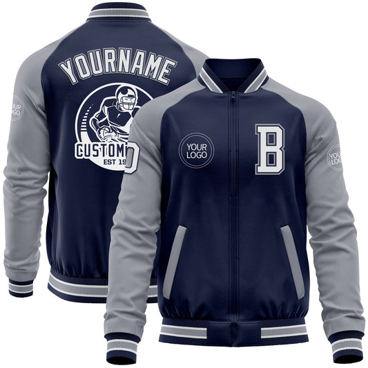 Custom Navy White-Gray Bomber Varsity Letterman Two Tone Zipper Jacket - Main View