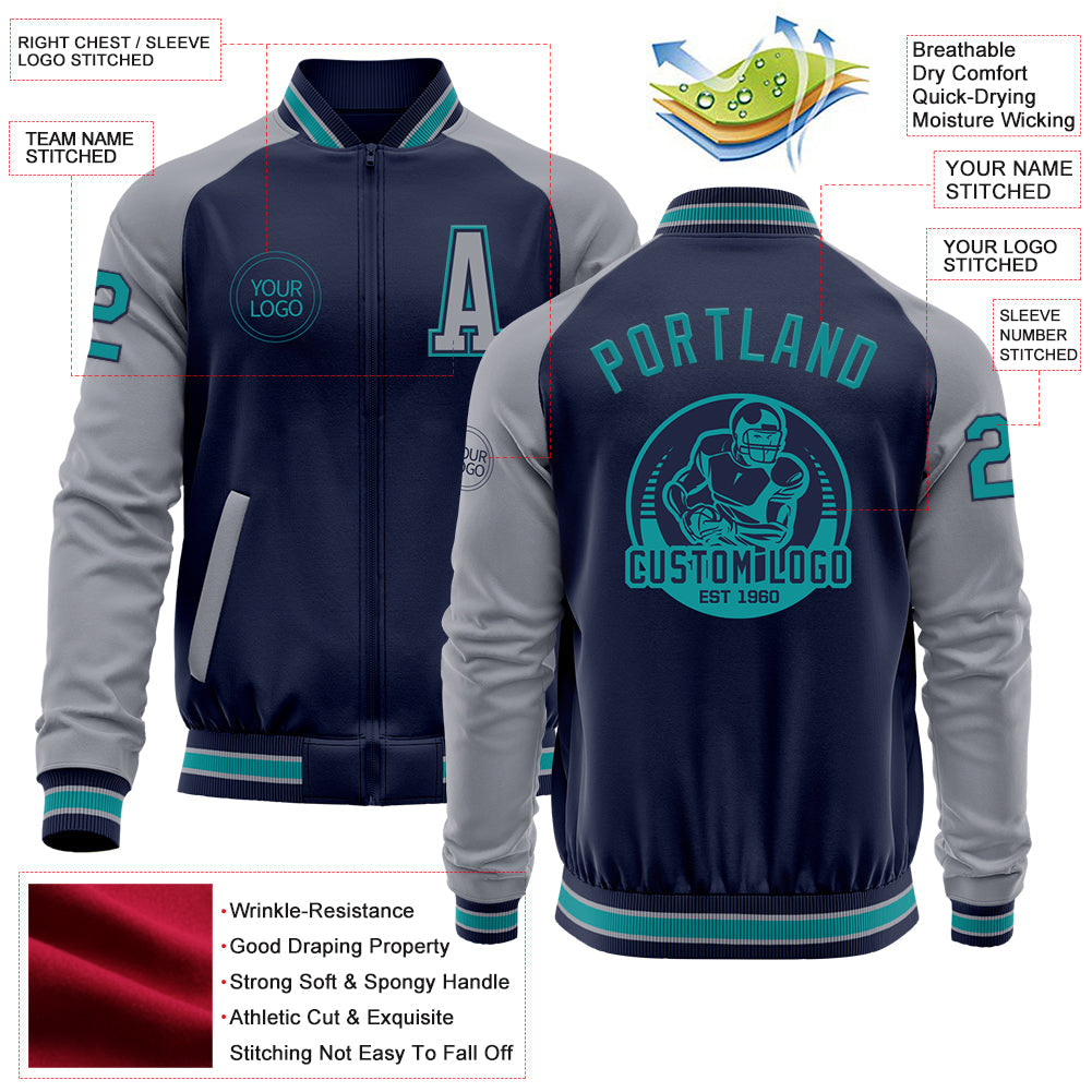 Custom Navy Teal-Gray Bomber Varsity Letterman Two Tone Zipper Jacket view 4
