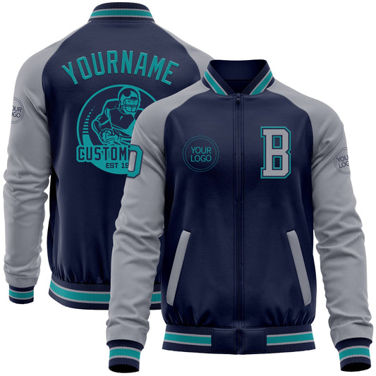 Custom Navy Teal-Gray Bomber Varsity Letterman Two Tone Zipper Jacket - Main View