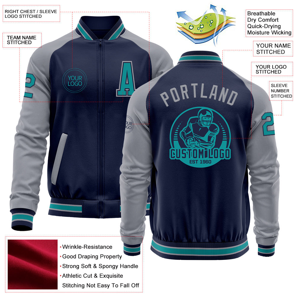 Custom Navy Gray-Teal Bomber Varsity Letterman Two Tone Zipper Jacket view 4