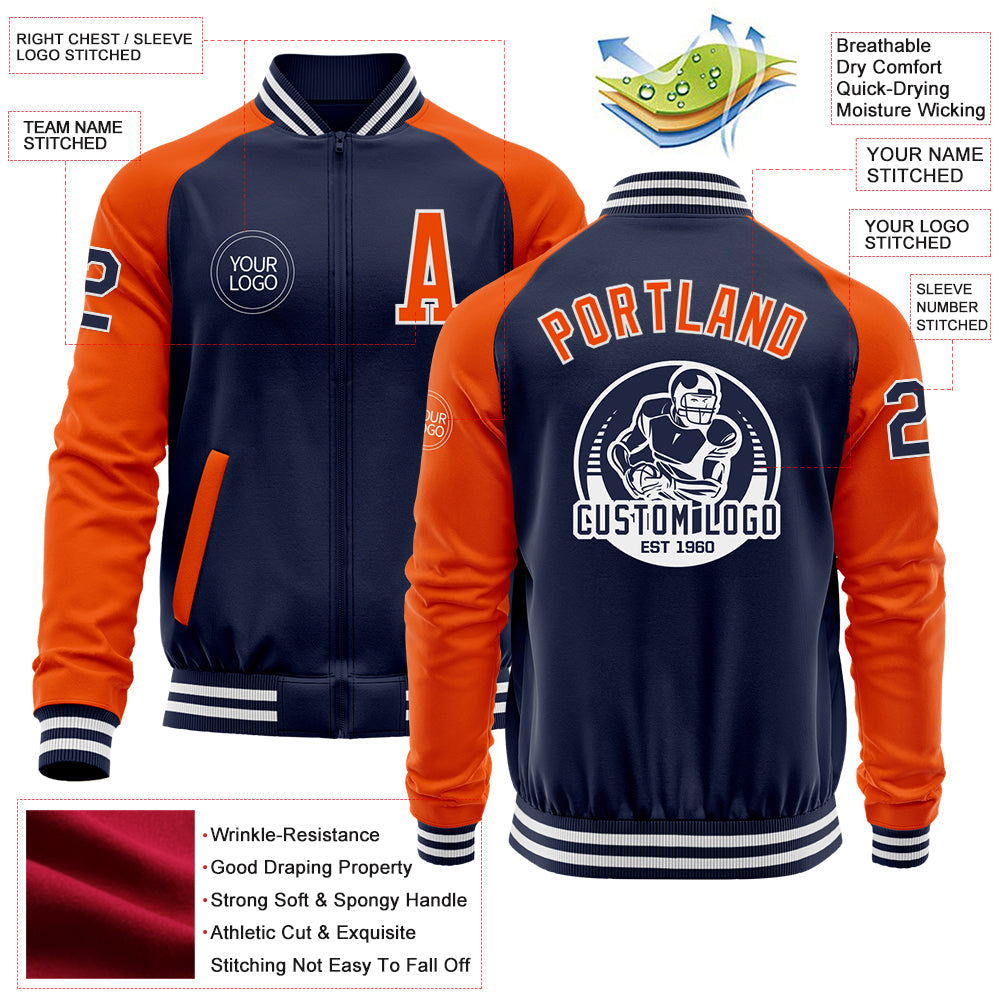 Custom Navy Orange-White Bomber Varsity Letterman Two Tone Zipper Jacket view 4