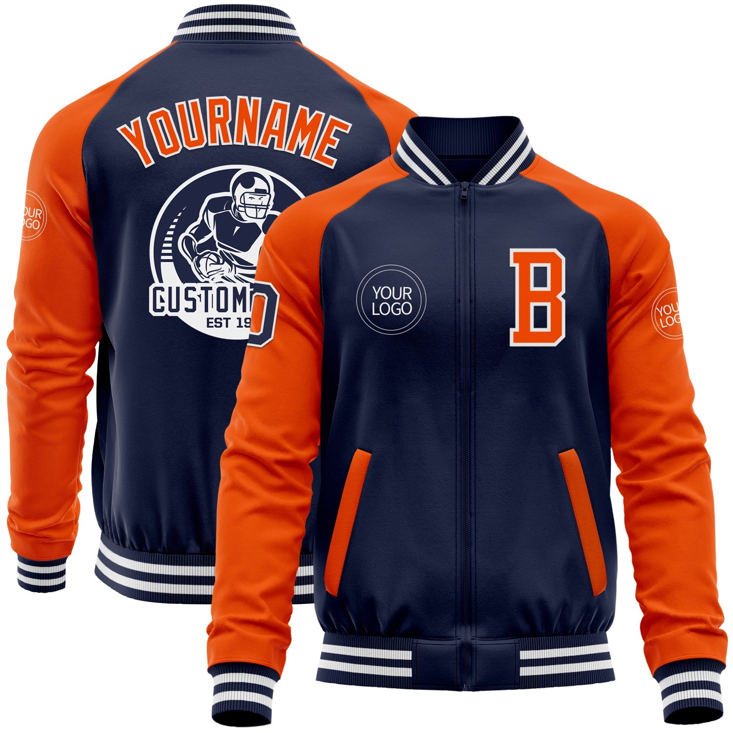 Custom Navy Orange-White Bomber Varsity Letterman Two Tone Zipper Jacket - Main View