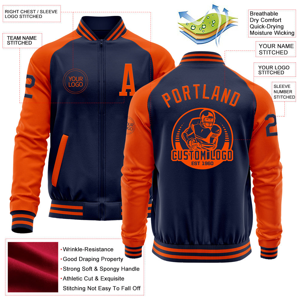 Custom Navy Orange Bomber Varsity Letterman Two Tone Zipper Jacket view 4
