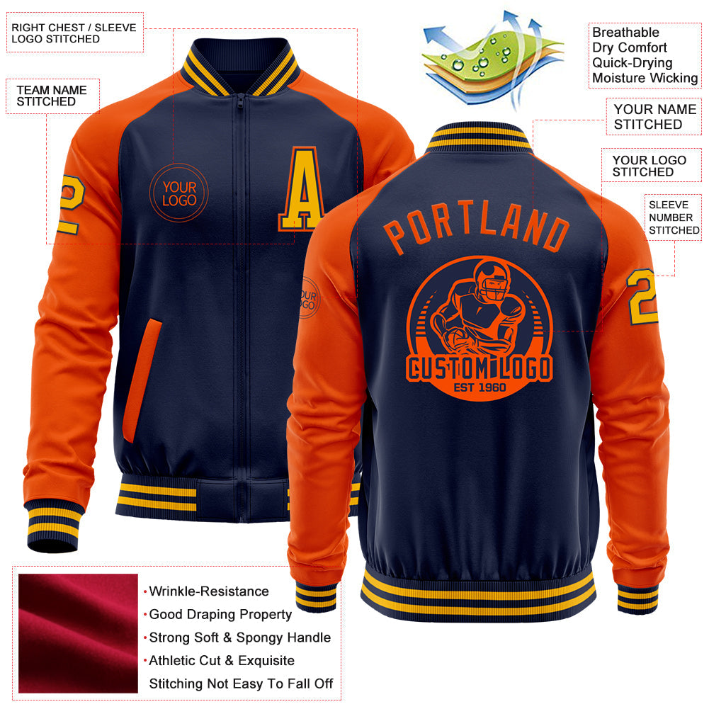 Custom Navy Orange-Gold Bomber Varsity Letterman Two Tone Zipper Jacket view 4