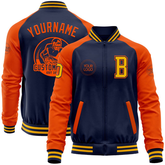 Custom Navy Orange-Gold Bomber Varsity Letterman Two Tone Zipper Jacket - Main View