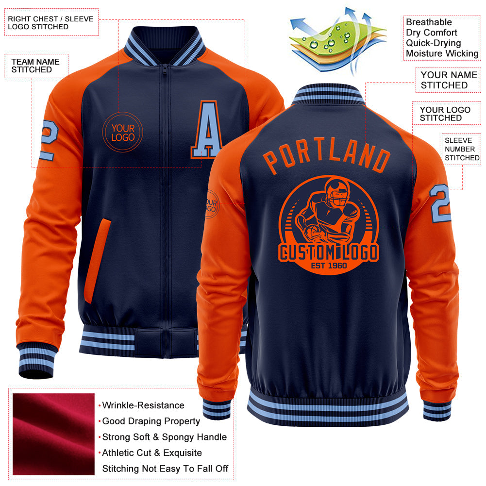 Custom Navy Orange-Light Blue Bomber Varsity Letterman Two Tone Zipper Jacket view 4