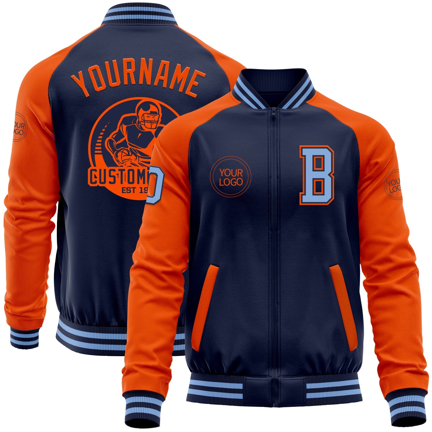 Custom Navy Orange-Light Blue Bomber Varsity Letterman Two Tone Zipper Jacket - Main View