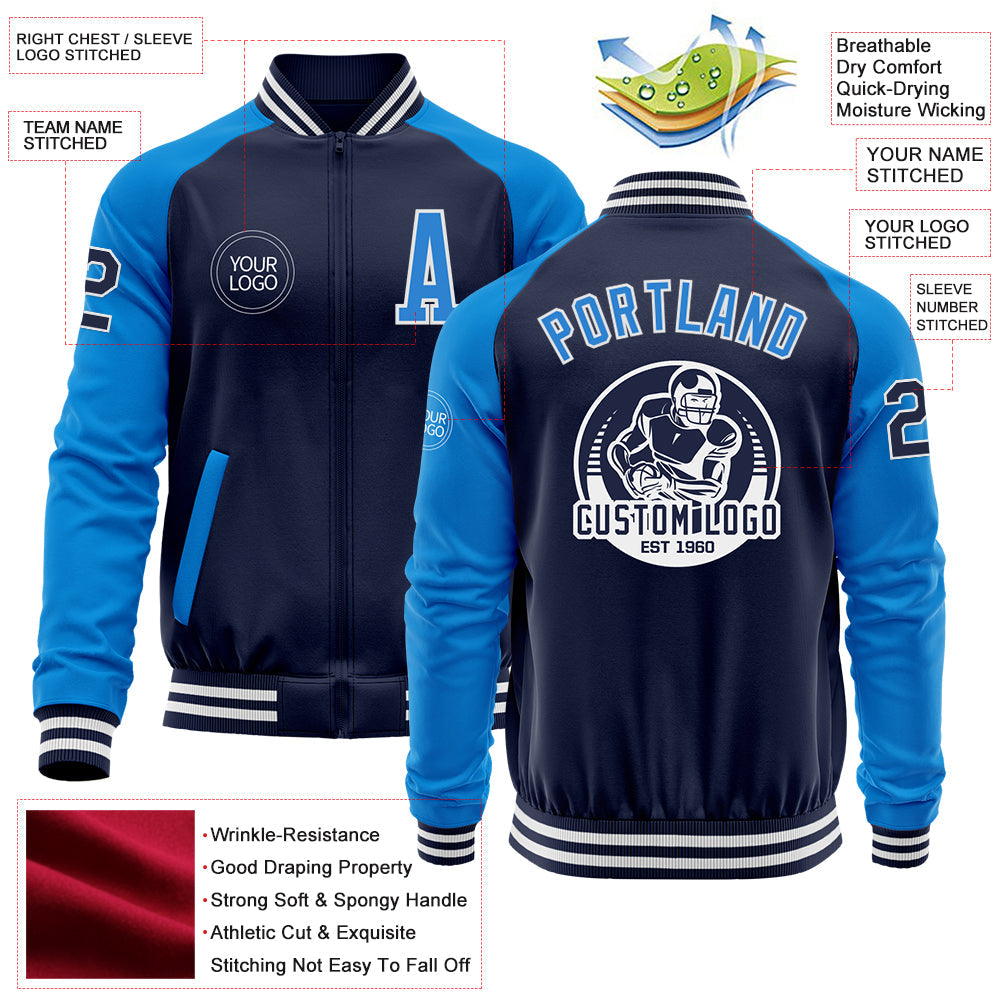 Custom Navy Powder Blue-White Bomber Varsity Letterman Two Tone Zipper Jacket view 4