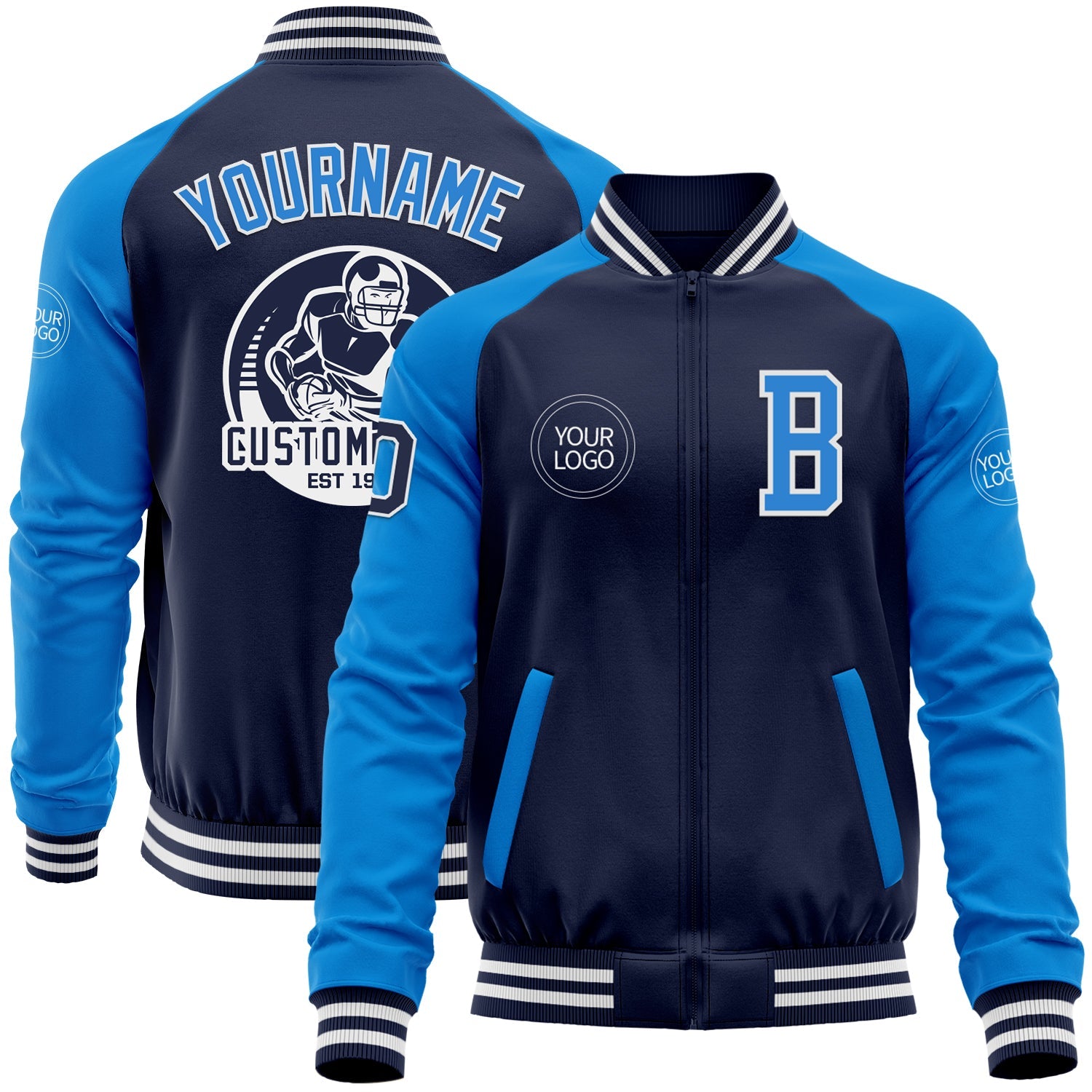 Custom Navy Powder Blue-White Bomber Varsity Letterman Two Tone Zipper Jacket - Main View