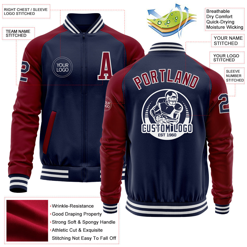Custom Navy Crimson-White Bomber Varsity Letterman Two Tone Zipper Jacket view 4