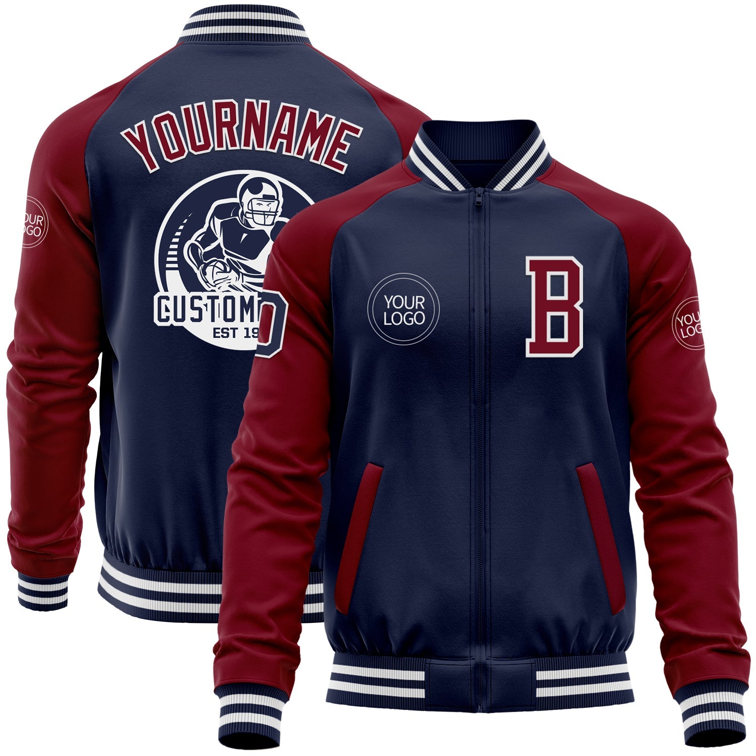 Custom Navy Crimson-White Bomber Varsity Letterman Two Tone Zipper Jacket - Main View