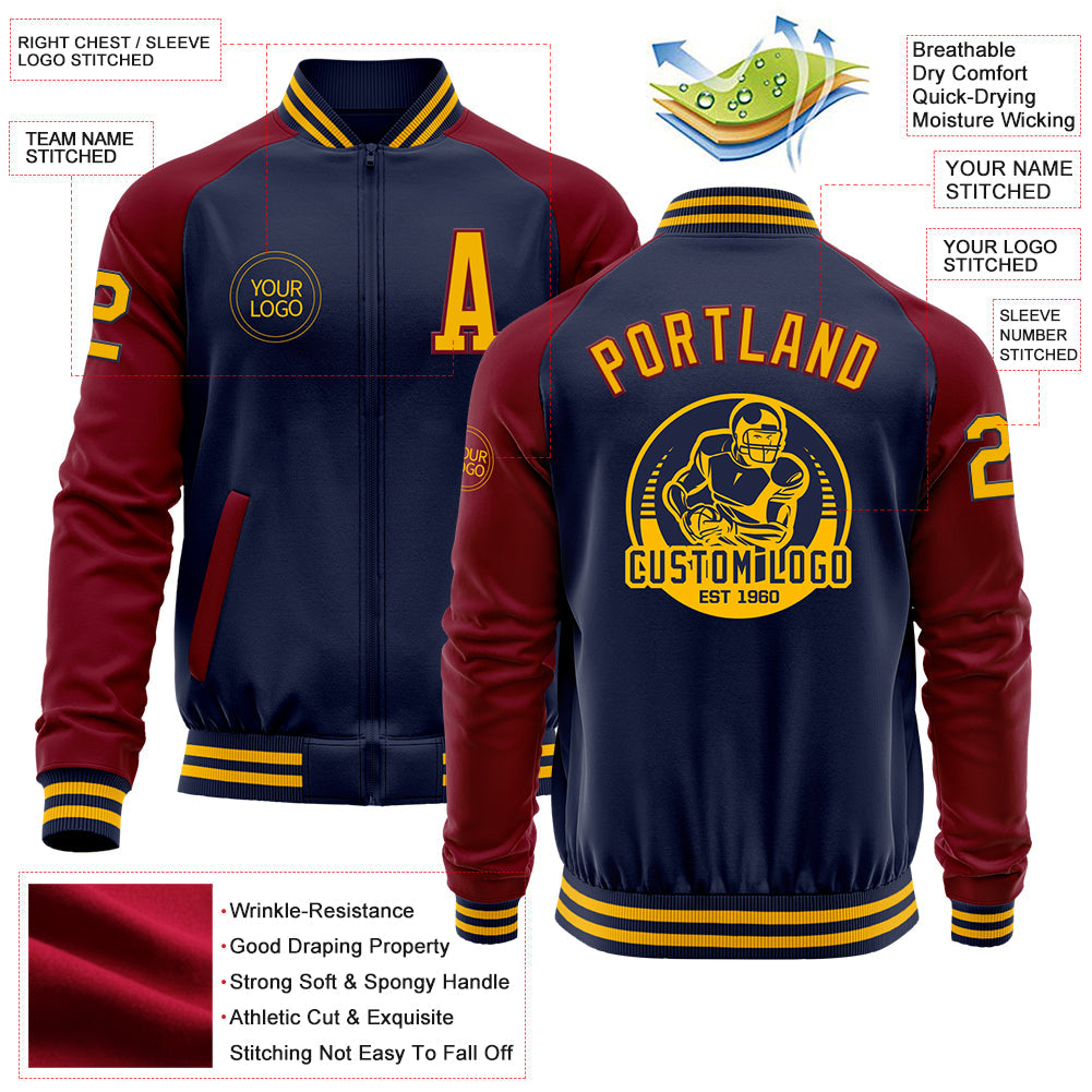 Custom Navy Gold-Crimson Bomber Varsity Letterman Two Tone Zipper Jacket view 4