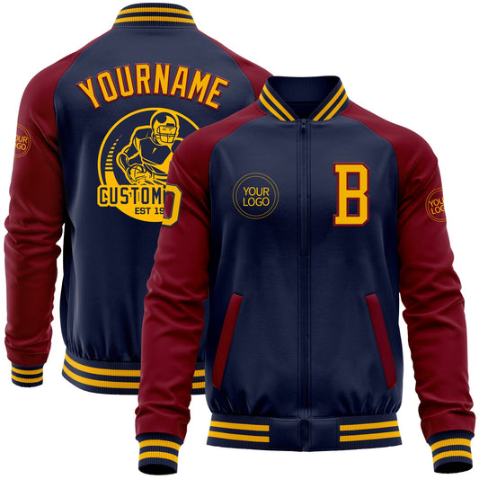Custom Navy Gold-Crimson Bomber Varsity Letterman Two Tone Zipper Jacket - Main View