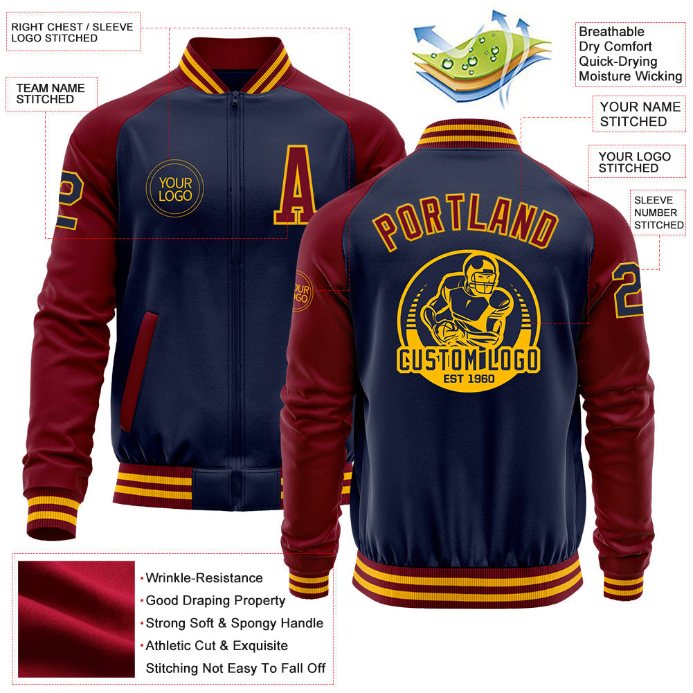 Custom Navy Crimson-Gold Bomber Varsity Letterman Two Tone Zipper Jacket view 4