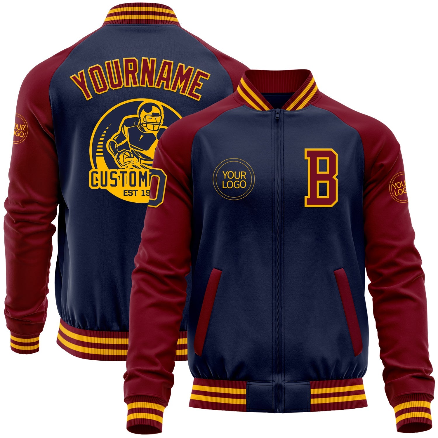 Custom Navy Crimson-Gold Bomber Varsity Letterman Two Tone Zipper Jacket - Main View
