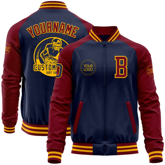 Custom Navy Crimson-Gold Bomber Varsity Letterman Two Tone Zipper Jacket - Main View