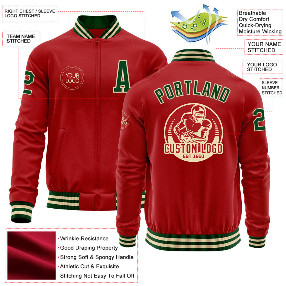 Custom Red Green-Cream Bomber Varsity Letterman Zipper Jacket view 4