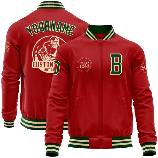 Custom Red Green-Cream Bomber Varsity Letterman Zipper Jacket - Main View