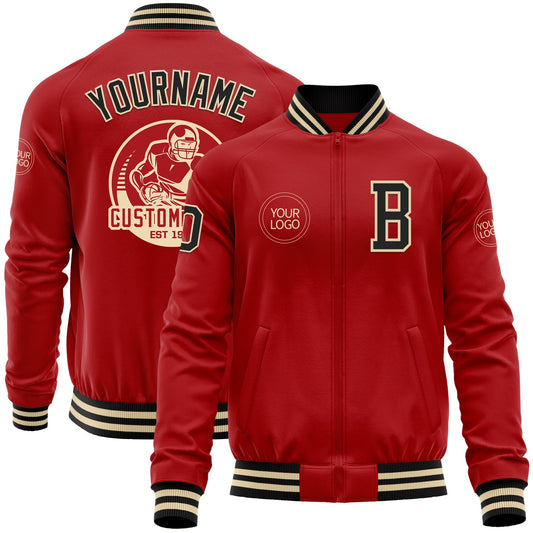 Custom Red Black-Cream Bomber Varsity Letterman Zipper Jacket - Main View