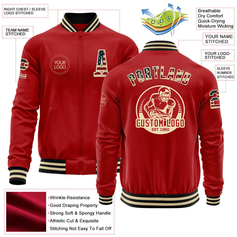 Custom Red Vintage USA Flag Cream-Black Bomber Varsity Letterman Zipper Jacket view 4