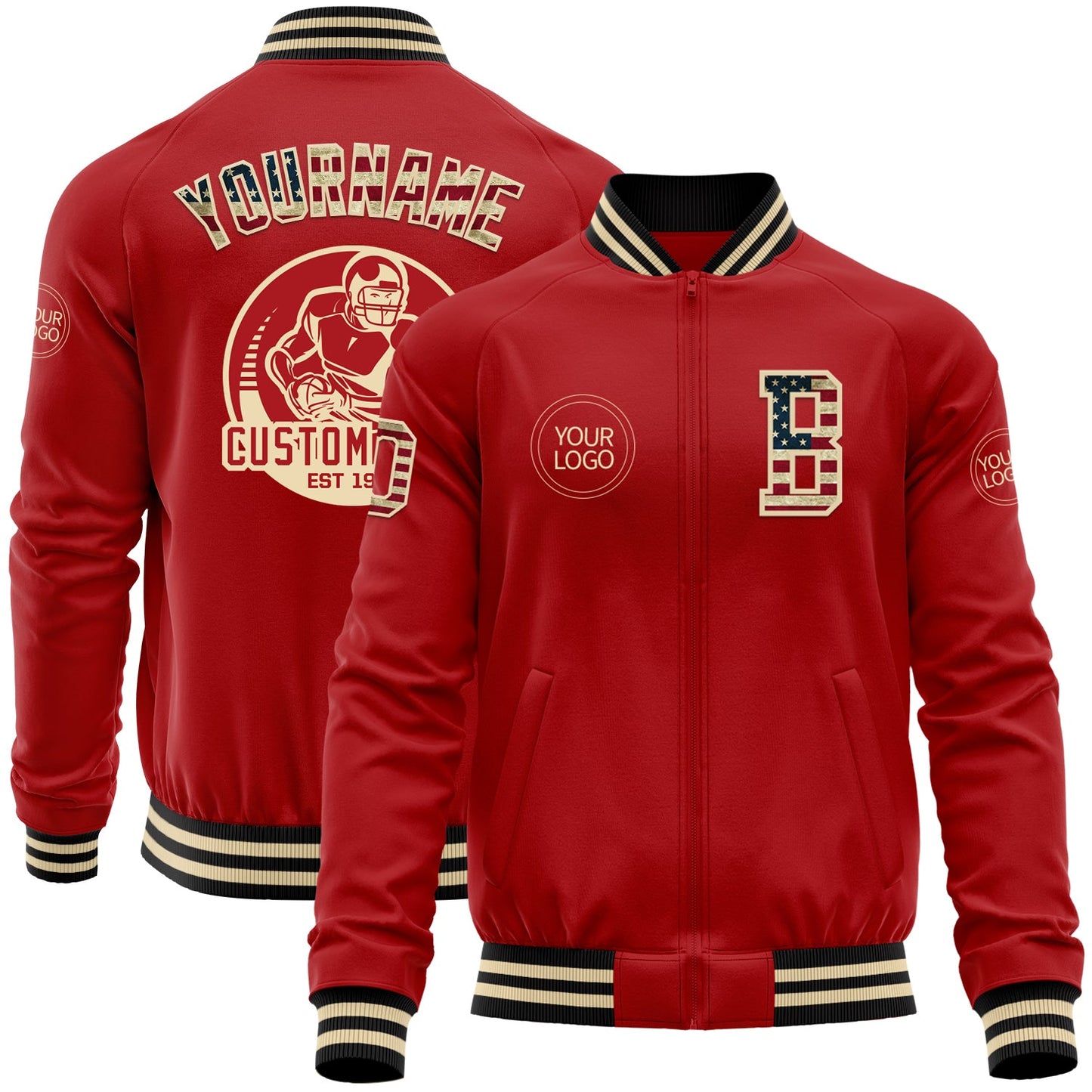 Custom Red Vintage USA Flag Cream-Black Bomber Varsity Letterman Zipper Jacket - Main View