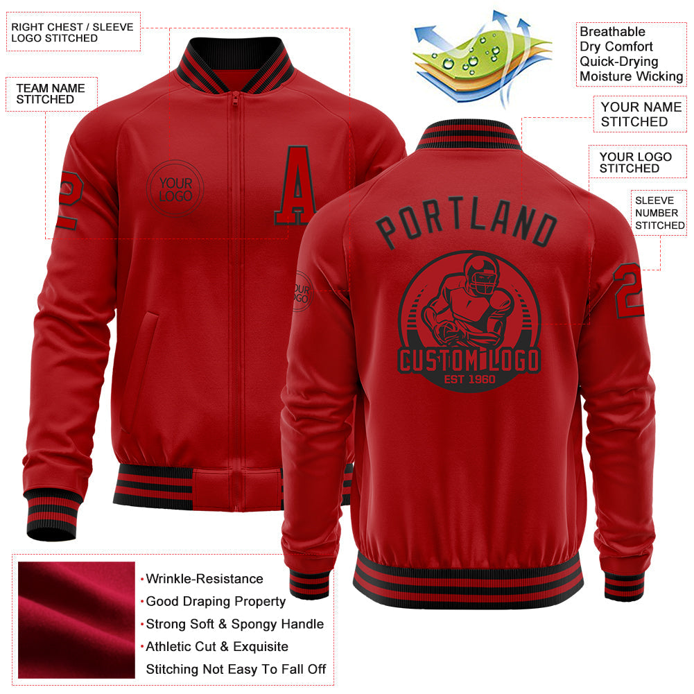 Custom Red Black Bomber Varsity Letterman Zipper Jacket view 4