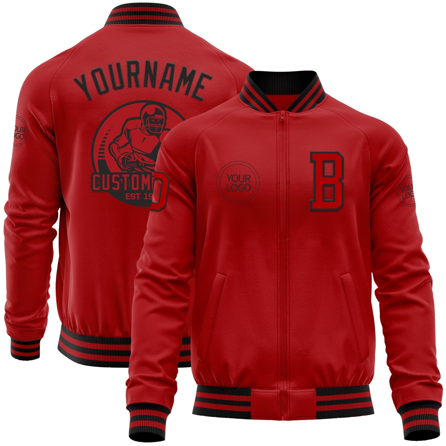Custom Red Black Bomber Varsity Letterman Zipper Jacket - Main View