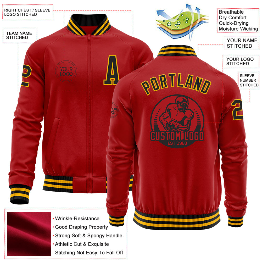 Custom Red Black-Gold Bomber Varsity Letterman Zipper Jacket view 4