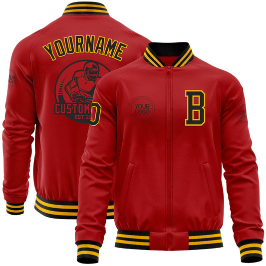 Custom Red Black-Gold Bomber Varsity Letterman Zipper Jacket - Main View