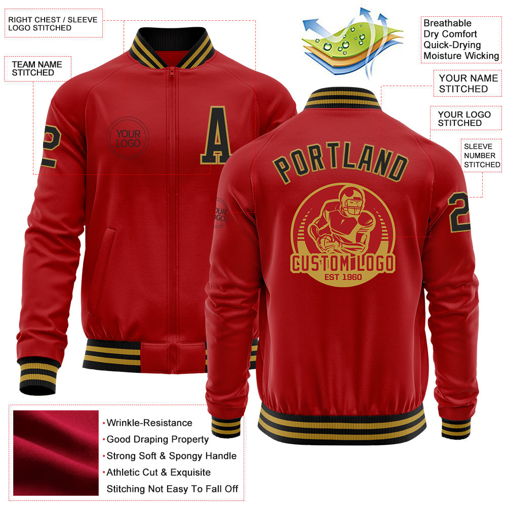 Custom Red Black-Old Gold Bomber Varsity Letterman Zipper Jacket view 4