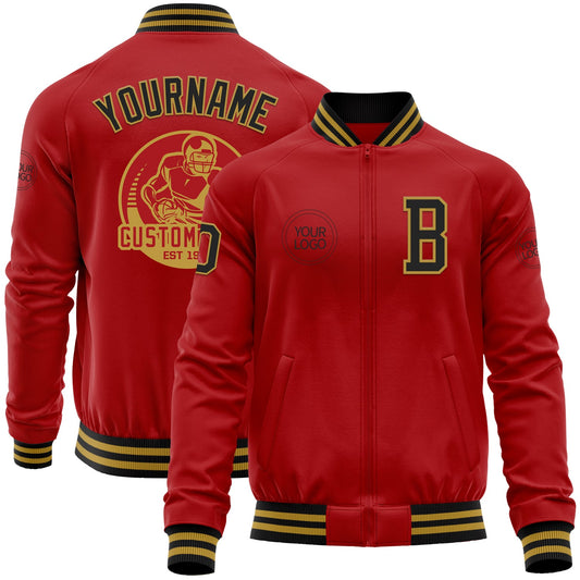 Custom Red Black-Old Gold Bomber Varsity Letterman Zipper Jacket - Main View