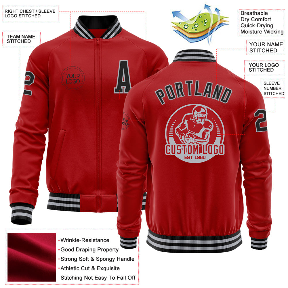 Custom Red Black-Gray Bomber Varsity Letterman Zipper Jacket view 4