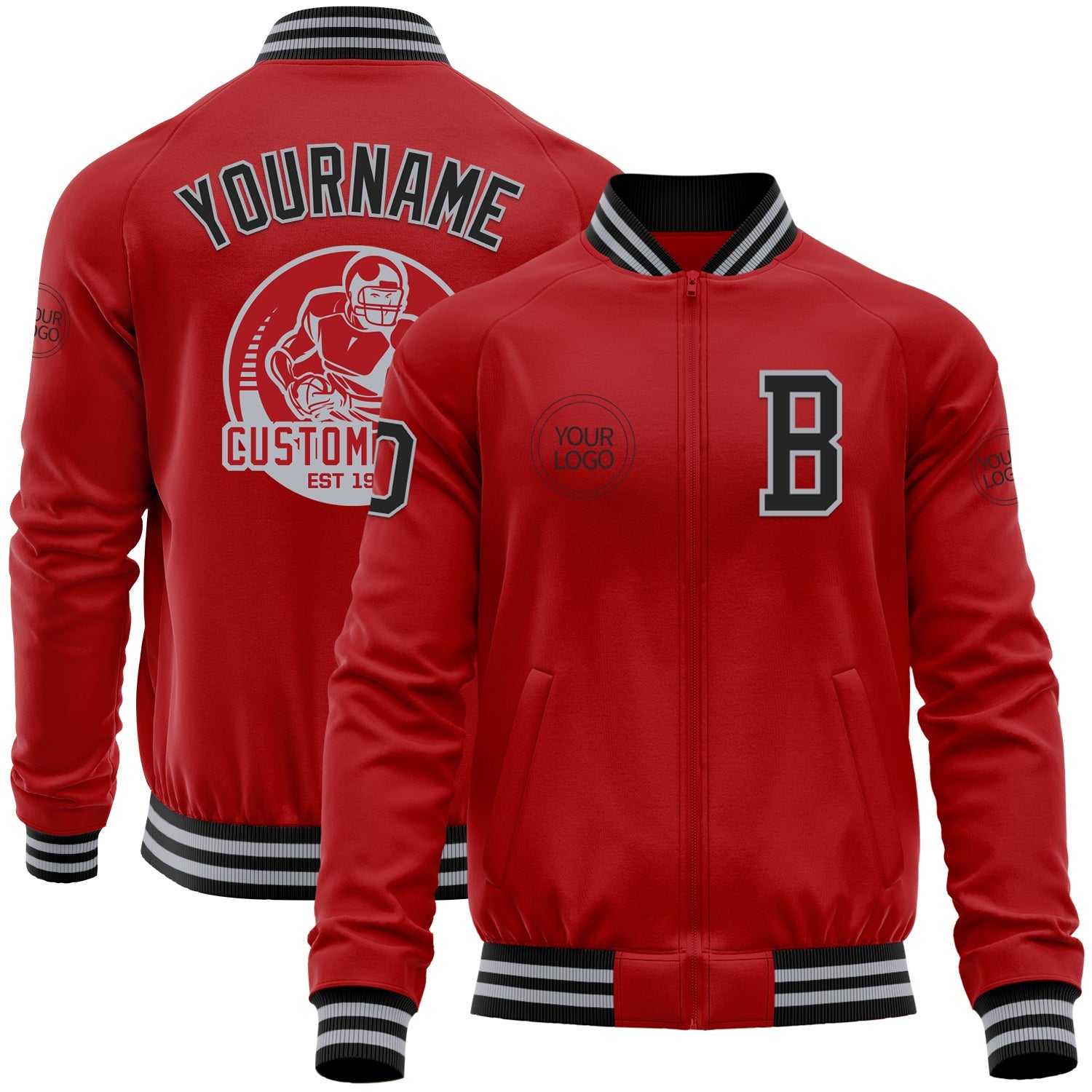 Custom Red Black-Gray Bomber Varsity Letterman Zipper Jacket - Main View