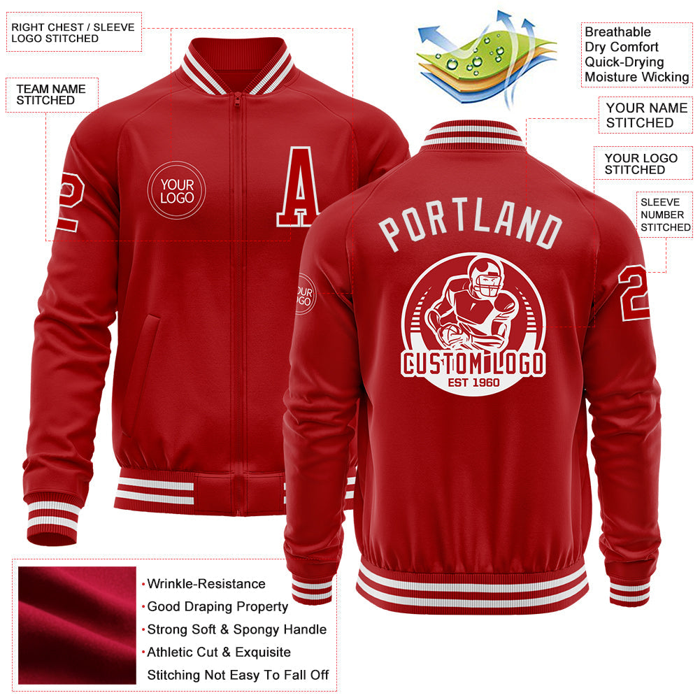 Custom Red White Bomber Varsity Letterman Zipper Jacket view 4