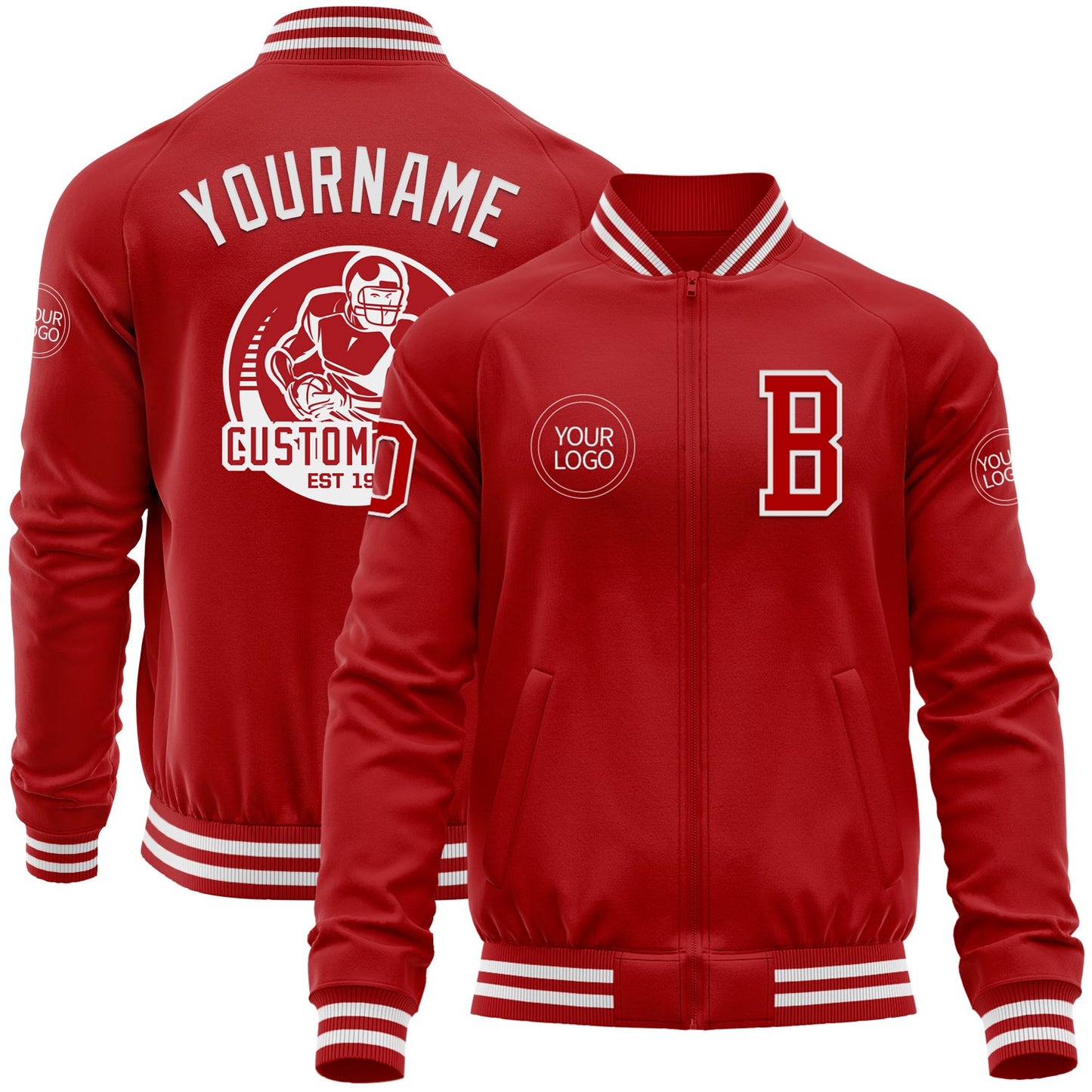 Custom Red White Bomber Varsity Letterman Zipper Jacket - Main View
