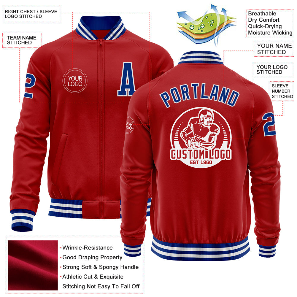 Custom Red Royal-White Bomber Varsity Letterman Zipper Jacket view 4