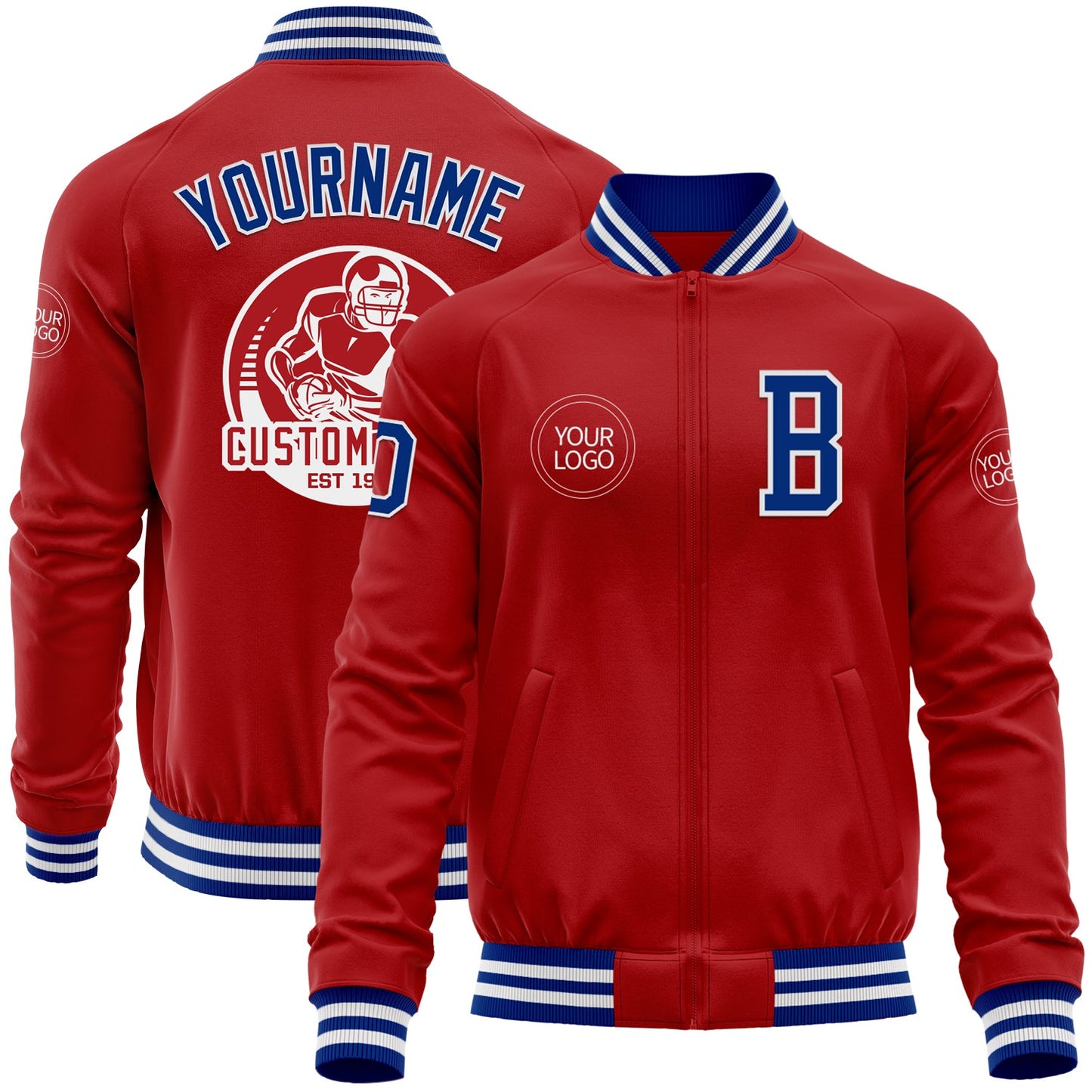 Custom Red Royal-White Bomber Varsity Letterman Zipper Jacket - Main View