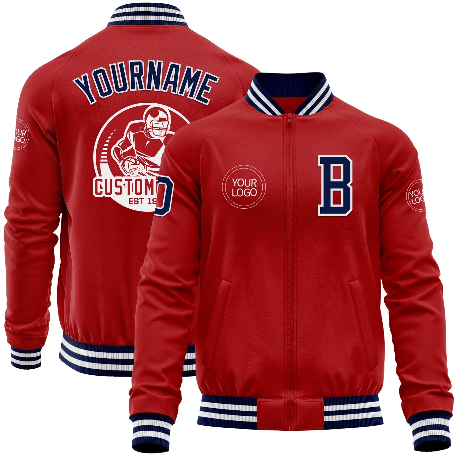 Custom Red Navy-White Bomber Varsity Letterman Zipper Jacket - Main View