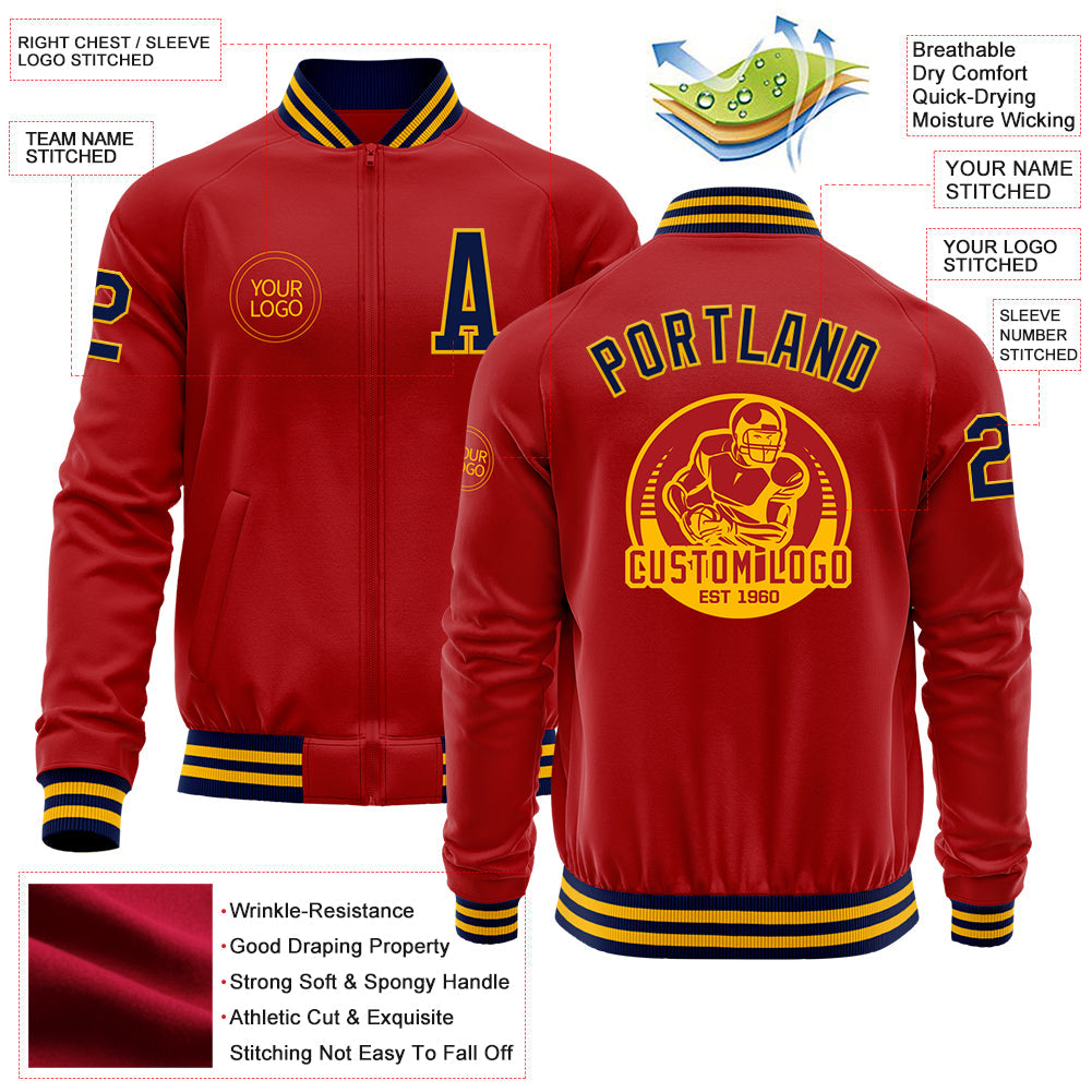 Custom Red Navy-Gold Bomber Varsity Letterman Zipper Jacket view 4